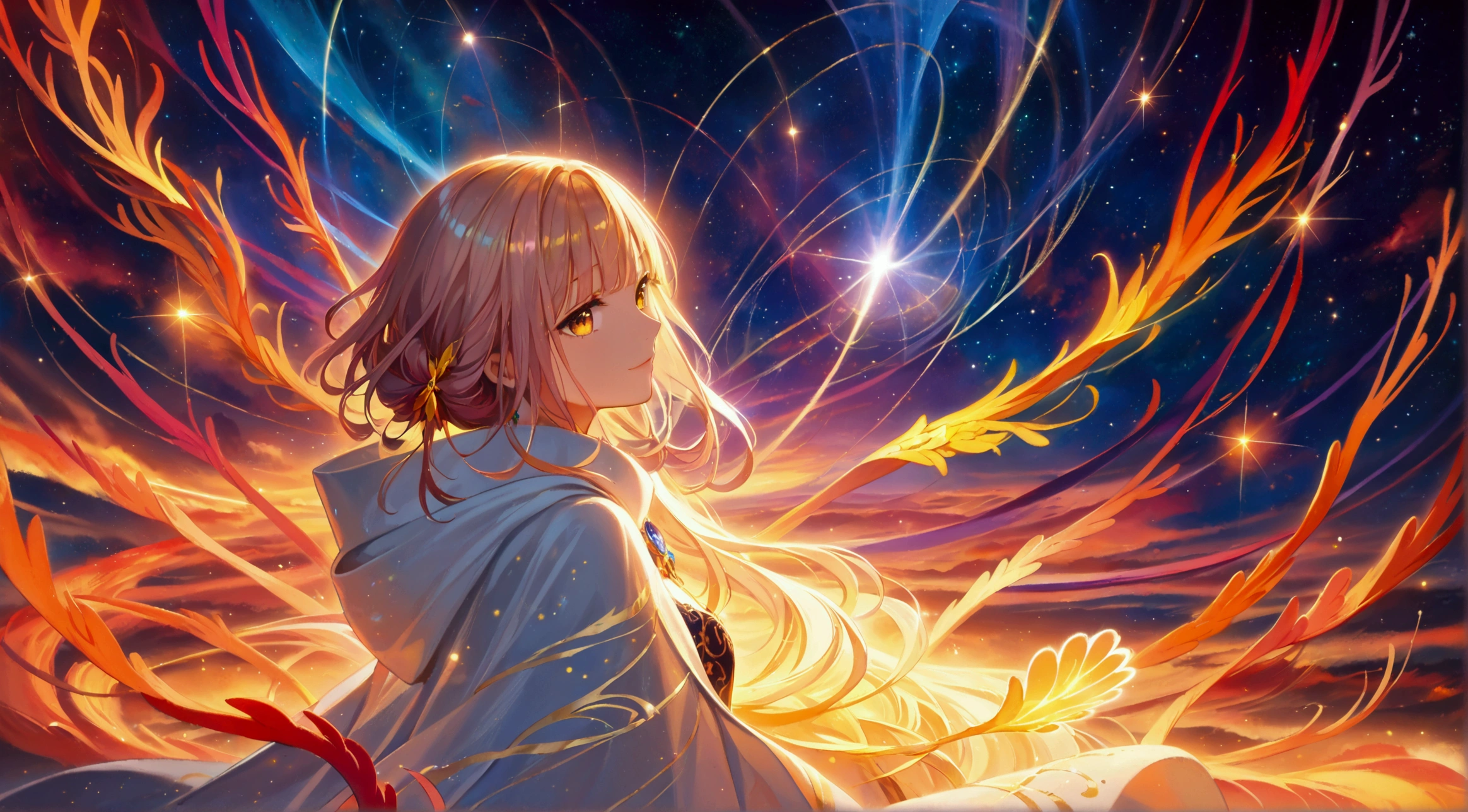 (masterpiece,  best quality,  best quality,  Official Art,   Beautiful and Aesthetic:1.2), ( 1 girl), Extremely detailed eyes, ( fractal art:1.3),  colorful , HIGHEST DEFINITION , ( perfect face), shiny skin,  high definition , ( white cloak golden line :1.2), galaxy, (Streaks of light),  impressive visual , ( dynamic stripes , Shining Trail:1.2),  bright color , ( Phoenix),