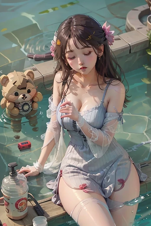  illustration of a chopper sleeping floating in the pool on a raft、Sleeping while holding a water gun 、There are lots of toys floating in the pool 、 low poly rendering inspired by Eiichiro Oda ,  Art Station , Process Art,  dress,  Relaxing concept art ,  cute detailed digital art ,  dress artstyle,  cute 3d rendering , Guweiz-style work , High Quality Fanart ,  Cute Digital Painting ,  fanart best artstation 