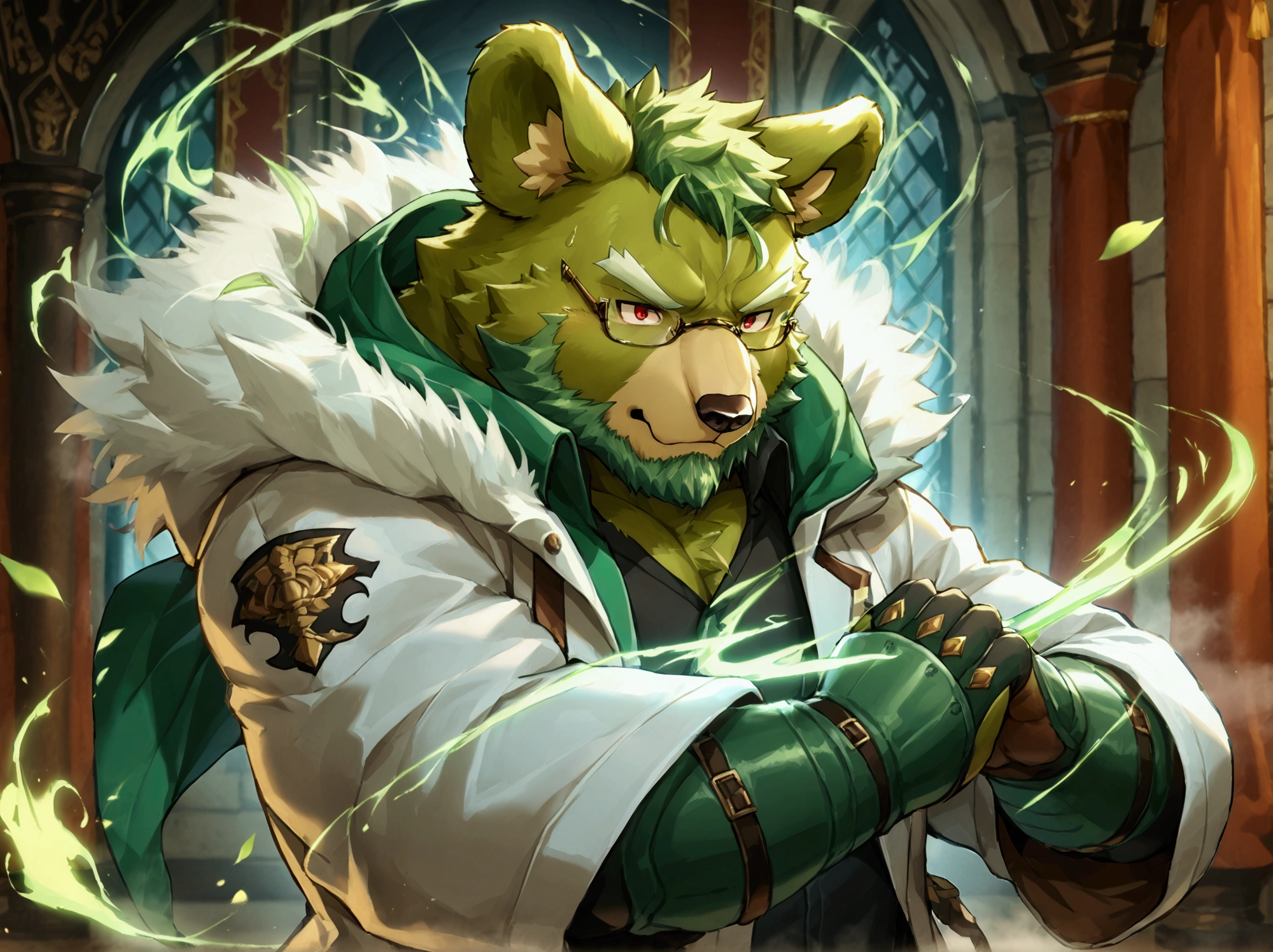 
best quality, masterpiece, highres, detailed, jinpei, anthro, kemono, male, solo, ((mature)), (((green bear))), (((green fur))), (((green hair))), (((beard))), white eyebrows, red eyes, glasses, (black t-shirt inside), (((white long coat))), hoodie, gray trousers, military boots, big, furry, muscular male, use a magic staff and make a magic barrier to protect himself from attack, top quality, high-quality illustrations((masterpiece))depth of field, motion blur, absurdres, Perfect Anatomy, magnificent picture of kemono fighting fierce battles, kemono, 1boy, solo focus, Anthro((dramatic))epic, weapon, dynamic pose, One scene of movie,FURRY