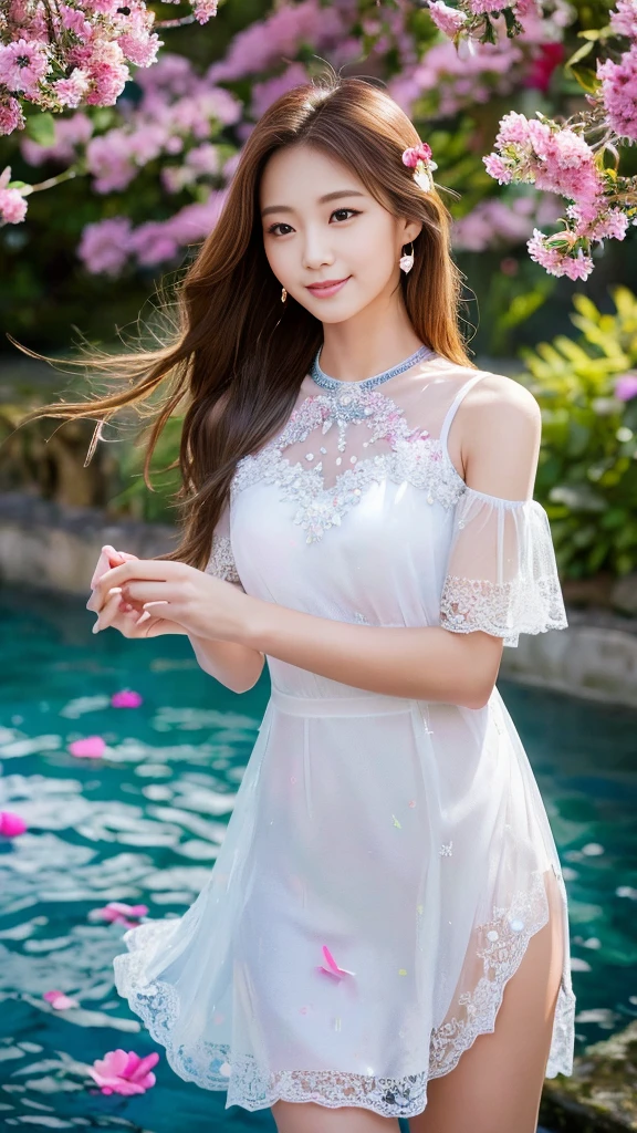 masterpiece、Top image quality:1.2、((beautiful young woman with))、Transparent skin:1.2、{A slight smil}、(kawaii)、Transparent short sleeve knit:1.2、luxury hotel、depth of fields、Sharp Focus:1.5、Fine details