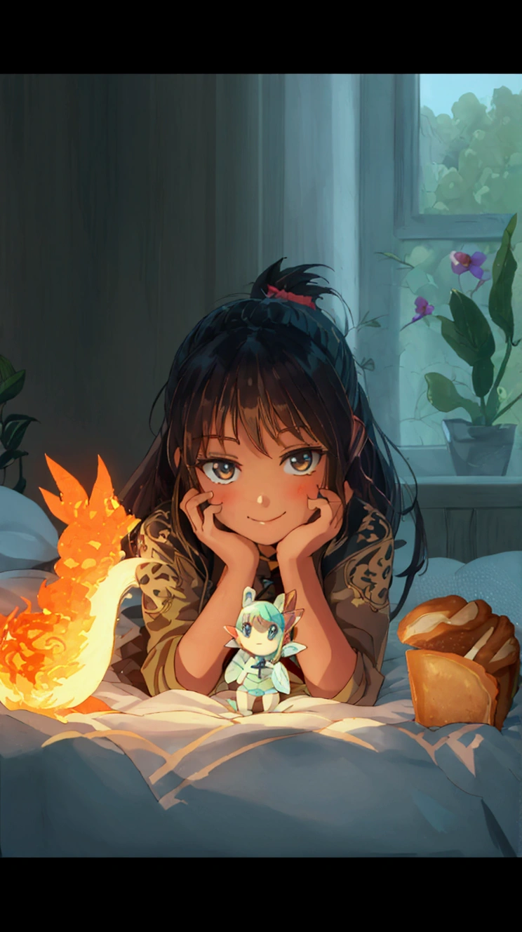 A teenage girl lying on her bed,staring at 3 small creatures,smiling,the first one is a fire creature ,second is a fairy created by water,the third is a piece of bread with eyes