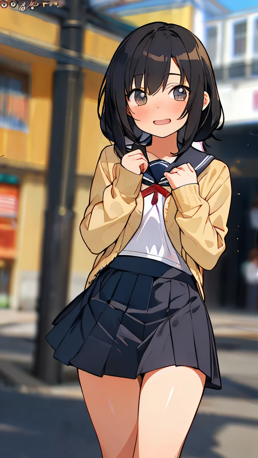 ( elementary school girl:1.3)、 black hair、 ponytail、Laughter、((Feminine charm、Pervert girl))、 school uniform, Seraph,  Pleated Skirts,  sailor collar ,  white shirt, ( Yellow Cardigan ), 