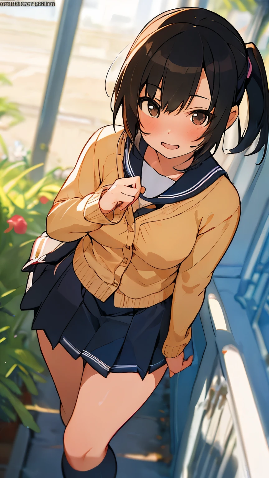 ( :1.3)、 black hair、 ponytail、Laughter、((Feminine charm、Pervert girl))、 school uniform, Seraph,  Pleated Skirts,  sailor collar ,  white shirt, ( Yellow Cardigan ), 