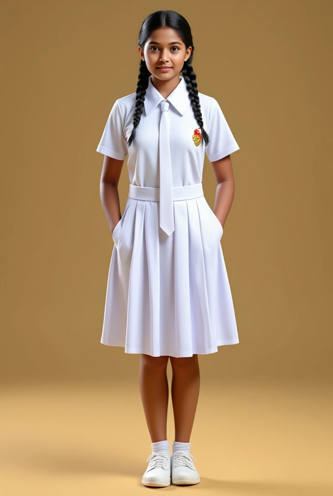 a beautiful cute young teen school girl, sri lanka , medium chest size , detailed white frock uniform with pockets, putting hands in pockets, standing , white shoes and socks , full body , wide photo ,cinematic lighting, hyperrealistic, photorealistic, 8k, masterpiece, warm colors, natural lighting , high quality, intricate details