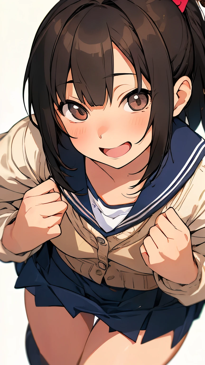 ( :1.3)、 black hair、 ponytail、Laughter、((Feminine charm、Pervert girl))、 school uniform, Seraph,  Pleated Skirts,  sailor collar ,  white shirt, ( Yellow Cardigan ), 