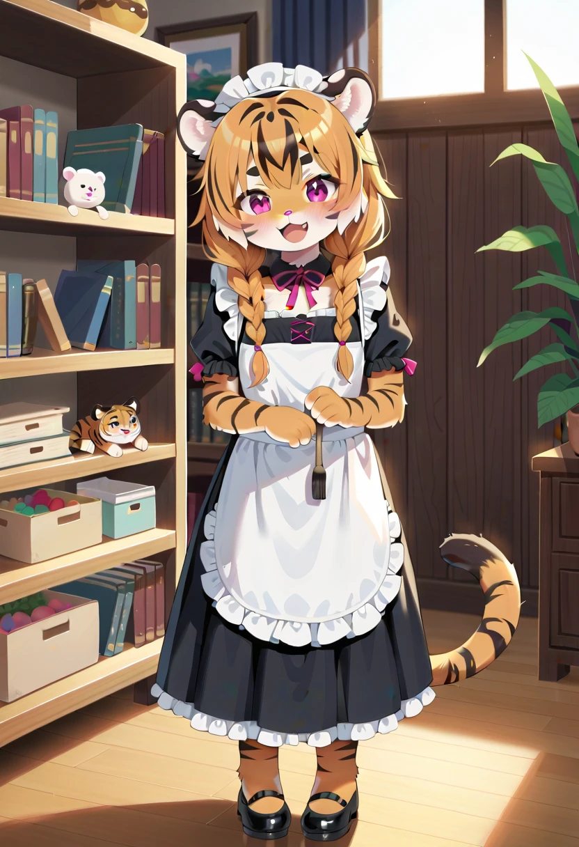 masterpiece, high resolution, best quality, (furry tiger girl, baby body, baby height, flat chest, animal face, animal skin, animal fur, tiger ears, tiger tail) cleaning the room, dust brush, bookshelf, vases, flowers, maid's clothes, happy, multicolored hair, twin braids, piercing, makeup, tattoo, public