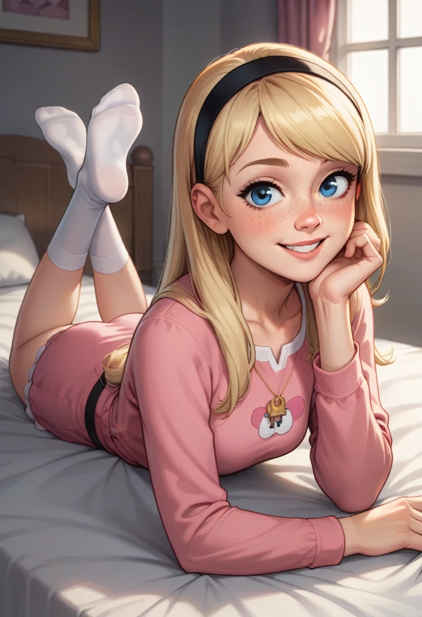 1girl, full body, solo, penny peterson, long hair, blue eyes, freckles, blonde hair, skirt, hairband, black hairband, white socks, dress, pink dress, long sleeves, mary janes, looking at viewer, light blush, smile, perky, cute smile, indoors, bed, bedroom, straight-on, lying, on stomach, showing her butt