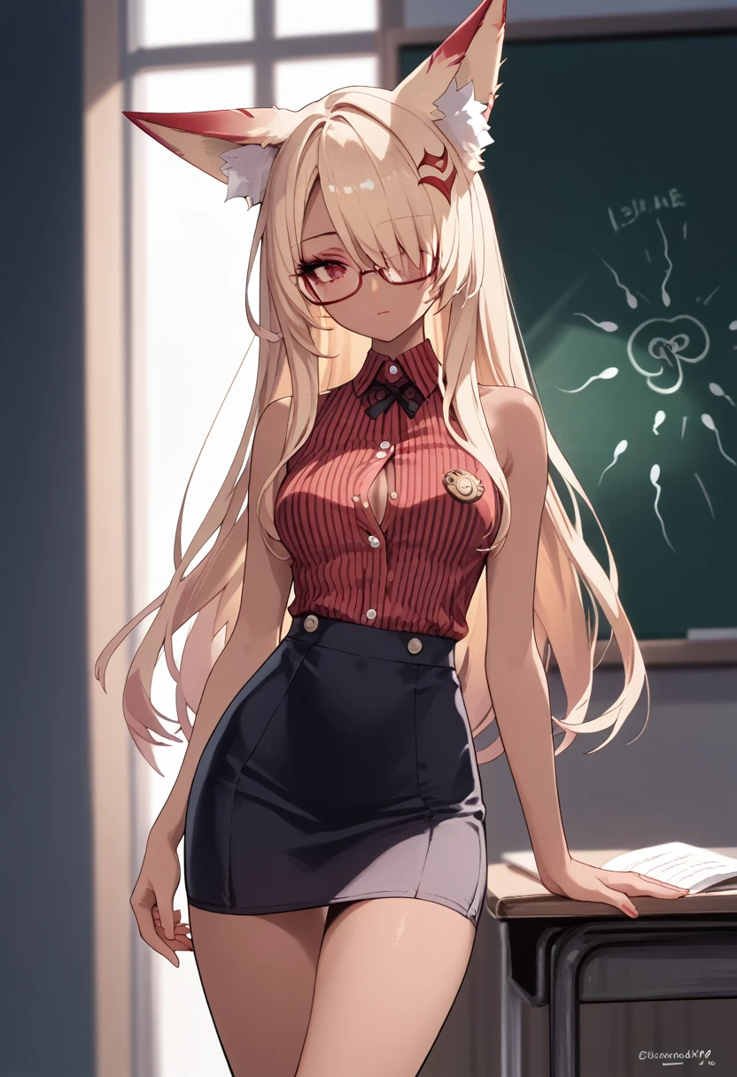 dark skin, Hair covers the eye, rpg, Sperm, bare shoulders, 1 girl, long golden hair, 4K, red eyes , , fox ears, standing, hair pattern,  red stripes on face, makeup, black mascara, neckline, unbuttoned buttons, sleeveless, brassiere, short dress, Girl teacher, glasses, at school, задница