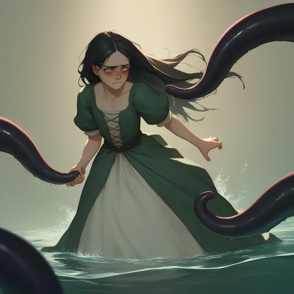 Partly underwater,最high quality,high quality,,A (severus snape's daughter:((11years old)))long hair, flowing black hair. green eyesWet Hair,Flat chest,Dark underground labyrinth,No light,Medieval Long Dress,Painful face,Tentacles in the skirt,Being dragged into the water,Rampage,