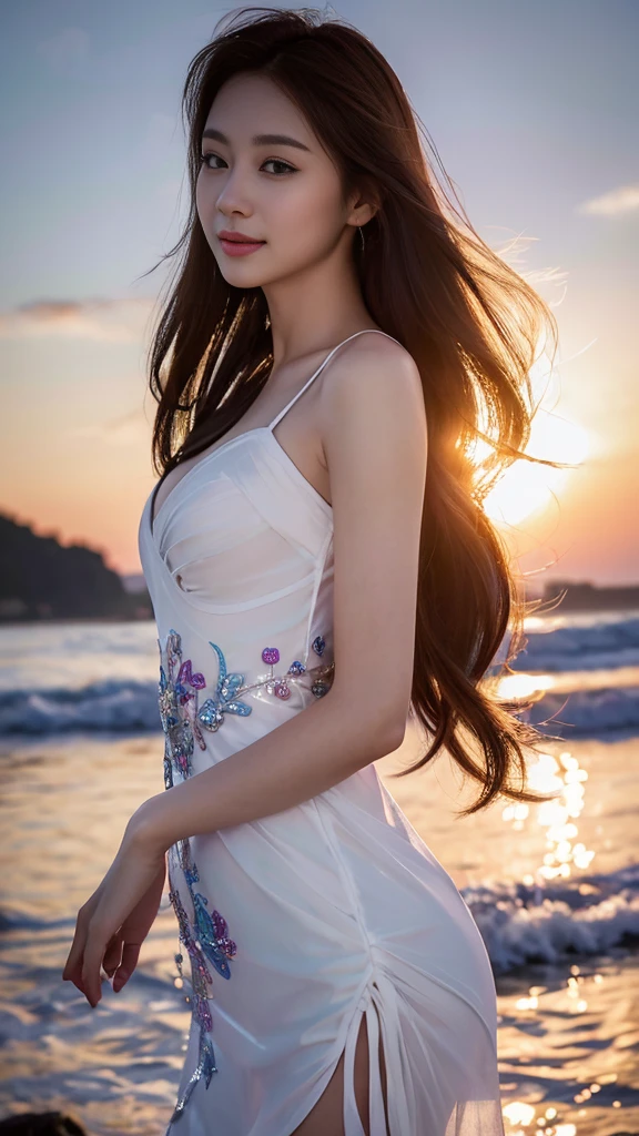Having long flowing hair、Very Beautiful Japan Woman。She is wearing a stylish white dress.、She has striking bluish-black eyes and a bright smile.、Has an elegant posture。The background is a sparkling seaside and sandy beach.。
The image style is realistic.、It adds a touch of glamour.。