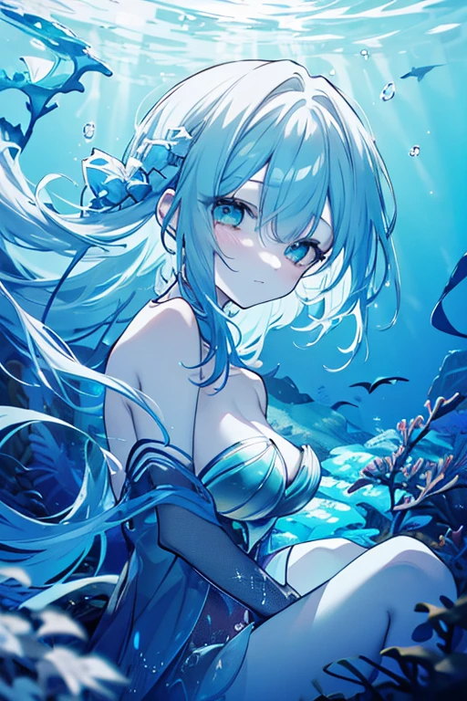 (masterpiece), Highest quality, Ultra-high resolution,Cat with blue ribbon、Blue Hair、Blue eyes、Blue clothes、smile、(In the water:1.3)、Bubble、Cool Shark、Illusion