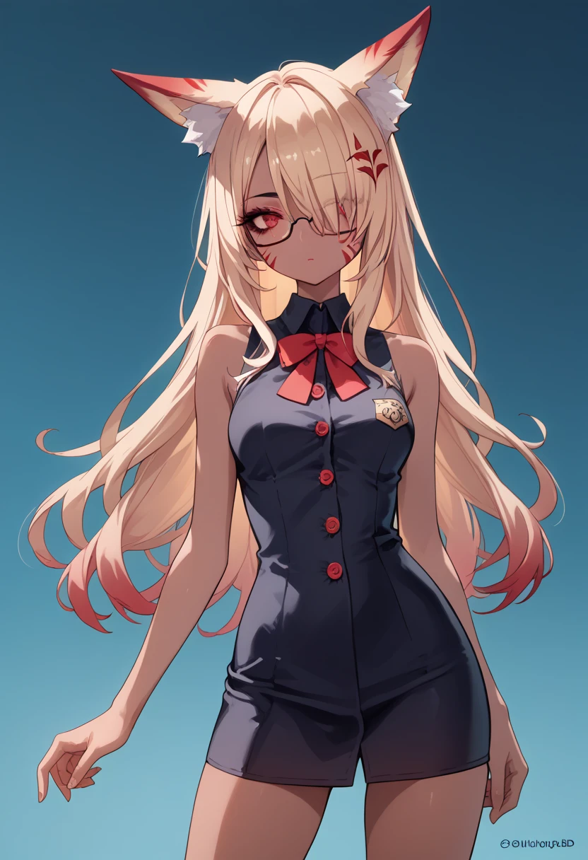 dark skin, Hair covers the eye, rpg, Sperm, bare shoulders, 1 girl, long golden hair, 4K, red eyes , , fox ears, standing, hair pattern,  red stripes on face, makeup, black mascara, neckline, unbuttoned buttons, sleeveless, brassiere, short dress, Girl teacher, glasses, at school, вид с зади