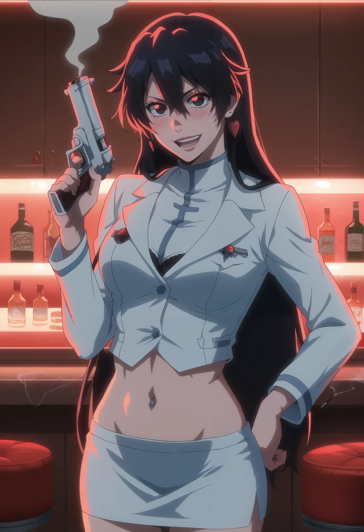 bambietta, 1girl, long hair,hair between eyes,bangs,black hair, ear piercing, long hair, blush, lipstick,Hot girl, baddie, smoking, sensual, attractive ,bar background, inside bar,indoors, masterpiece, best quality, highly detailed, a girls with a gun, open mouth, blazer, sexy gaze, (nsfw) not
safe for work, badass pose , evil smile, smile, black bra, anime girl with long hair, long haired girl,
navel, evil expression, exposed belly, exposed navel, exposed midriff, exposed lower belly, micro
miniskirt, micro pencil skirt, pencil skirt ,holding a gun, holding pistol, , navel piercing