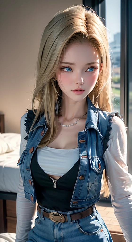 (best quality:1.3),(awesome amazing detailed:1.3), (Android 18 lying back down on bed:1.3),(large breasts:1.1),light smile,(half-closed eyes:0.9),(blush:1.5),(wearing Black t-shirt and mini denim blue skirt and pantyhose:1.1),bow legs, BREAK (infirmary bed:1.3),(divider curtain on side:1.1),(masterpiece, best quality:1.2),illustration,8k,hd,1girl,solo,upper body,(portrait:1.2),blonde_hair,folded_,green_eyes,serafuku,medium_hair,denim_skirt,denim_vest, Android 18, Light Blonde hair, Medium hair shaggy cut for women, Blue Transparent eyes of Slavic Caucasians, She has sexy double eyelids above and below her eyes, The flash in the eyeballs is brilliant, She is not wearing any jewelry such as a necklace around her neck, open-chested Black -shirt, Not wearing a bra, She only Wears round earrings, Tight Long sleeves with black stripes on a white background, Blue denim mini vest, Blue denim mini skirt, The denim mini skirt and denim mini vest set in the same blue color, The mini denim vest does not have a zipper, but the mini denim skirt does, and the denim vest has five silver buttons to fasten the garment, The denim skirt's zipper seam line and stitching run vertically straight to the bottom of the skirt, and the denim vest has no zipper, so it's clean, Open-chested denim vest, Large breasts, Women's Western Cowboy Belt, Brown see-through pantyhose, Western short boots, Looking at viewer, Her whole body is visible on the screen, She is standing in front of Viewer, Android 18 kisses the viewer with half-closed eyes the bench, One eye is half-open, staring seductively at someone in front of you, and the other eye is completely closed, Her entire body is visible on the screen from viewer, She places her right hand on her big ass and supports her left-side breast with her left arm, She brings her whole body and face forward to you, She takes her tongue out of her mouth, and She tastes her lips for her tongue, Blue sky, outside, park, grass, Summer, trees, 