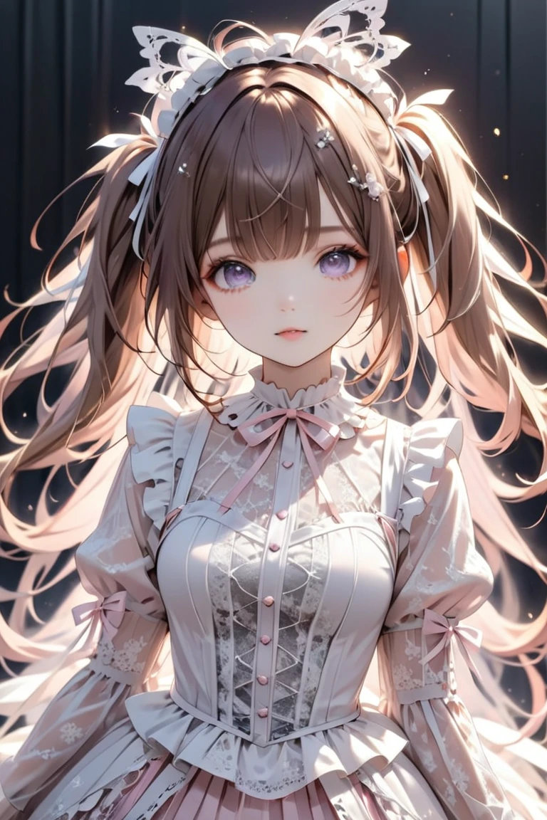   long brown hair , twin tails  a ribbon on her head. She has the lights on, pastel pink dress， in a white gothic lolita outfit、White Gothic Tit Outfit with Lots of Lace  ,FEMININE CASUAL TIGHT BLACK DRESS WITH LOTS OF FRILLES ，Beautiful girl with lots of ribbons . Cute  beautiful.