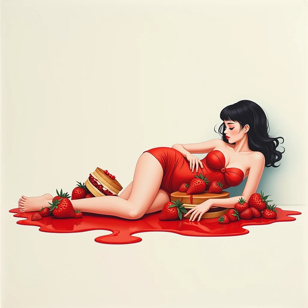 pin-up girl, dark hair with Victory's Rools, sitting on big strawberry