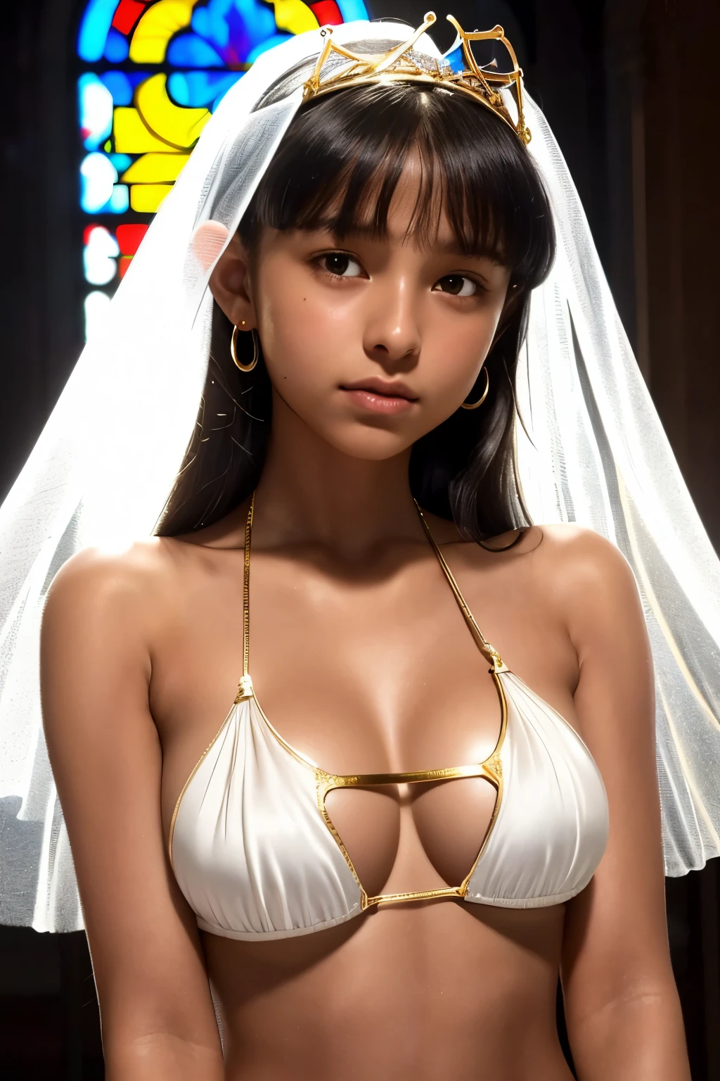 best quality, masterpiece, young french girl, (**yo:1.4), ((tanned skin)), (silhouette lighting:1.1), (upper body:1.5), pigtail hair with bangs, medium breast, hourglass figure, oily skin, (white silk micro bikini with gold accents:1.2), (underboobs:1.4), ((tiara, face veil), hands down, at church