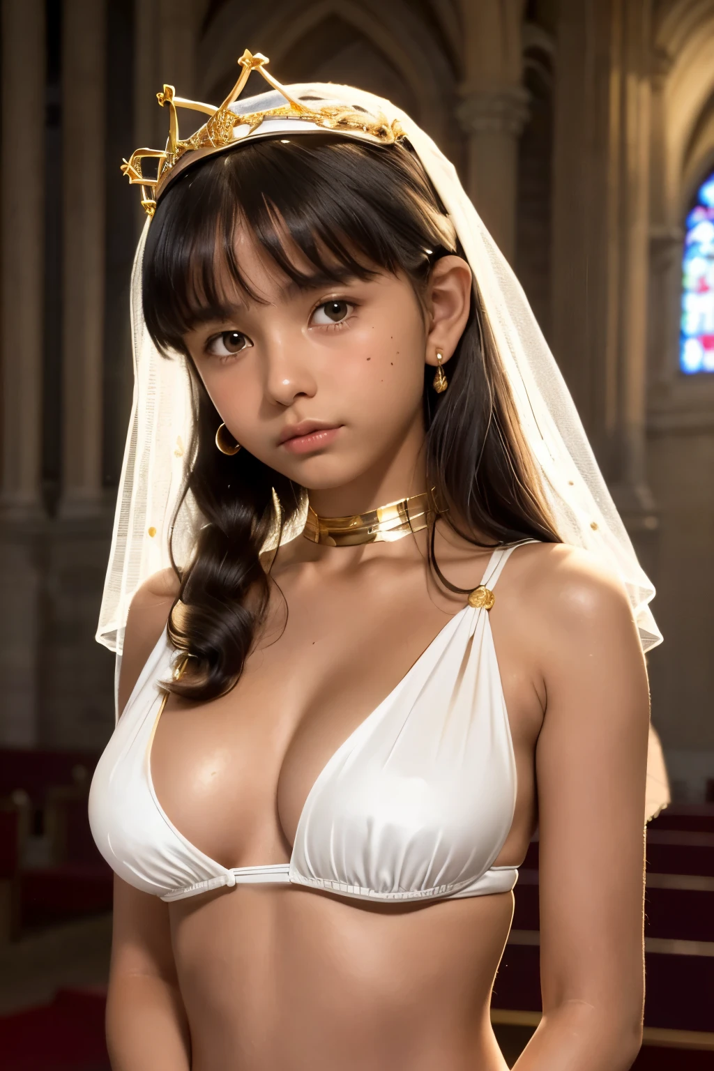 best quality, masterpiece, young french girl, (14yo:1.4), ((tanned skin)), (silhouette lighting:1.1), (upper body:1.5), pigtail hair with bangs, medium breast, hourglass figure, oily skin, (white silk micro bikini with gold accents:1.2), (underboobs:1.4), ((tiara, face veil), hands down, at church