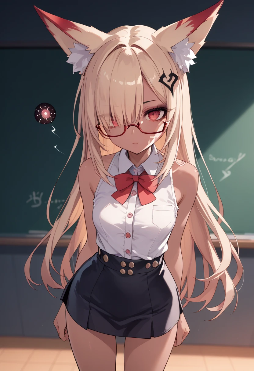 dark skin, Hair covers the eye, rpg, Sperm, bare shoulders, 1 girl, long golden hair, 4K, red eyes , , fox ears, standing, hair pattern,  red stripes on face, makeup, black mascara, neckline, unbuttoned buttons, sleeveless, brassiere, short dress, Girl teacher, glasses, at school, задница, попа