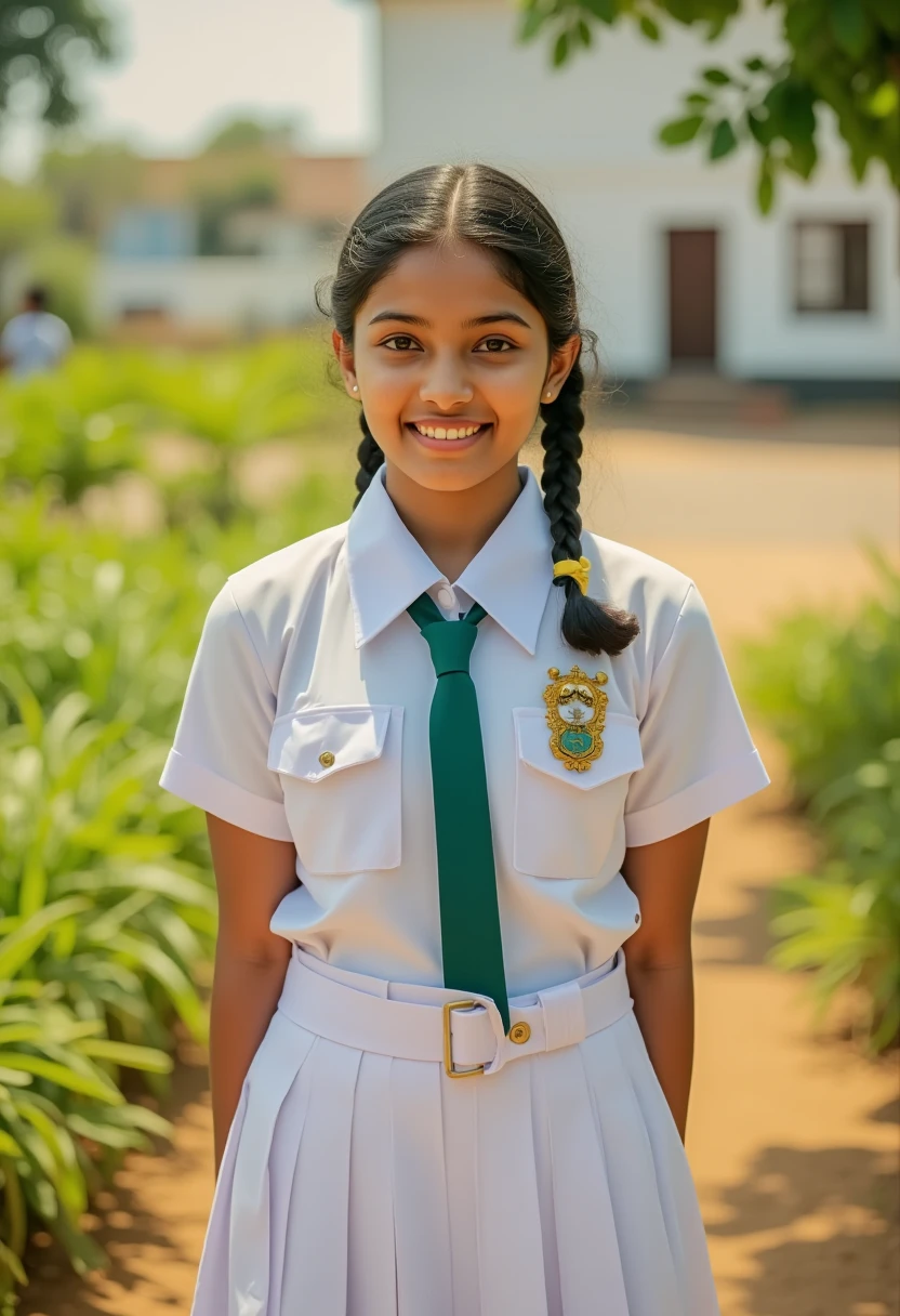 a beautiful cute young sri lanka teen girl,  detailed white frock uniform with pockets ,side pockets, chest pocket, patch pockets, color tie  , white shoes and socks , full body , wide photo ,cinematic lighting, hyperrealistic, photorealistic, 8k, masterpiece, warm colors, natural lighting , high quality, intricate details