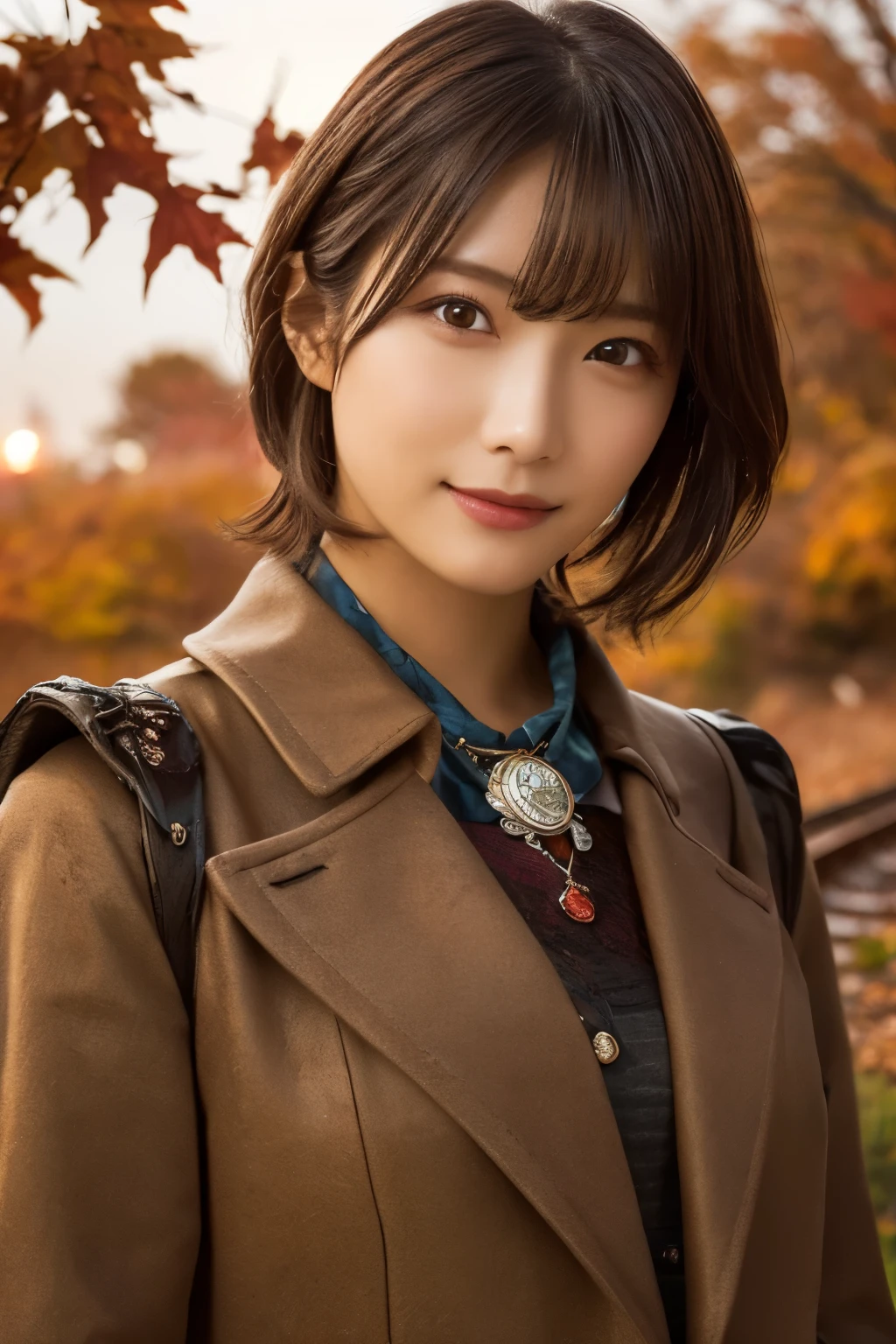  1 girl,  Very Beautiful Portraits of Japanese Idols, (Fashionable fall outfits:1.2),
(RAW Photo Best Quality), (Realistic, Realistic:1.4), (masterpiece), 
 very detailed , 2k wallpaper, wonderful, finely,  very detailed ,  CG Unity 8k Wallpaper ,  very detailed ,  high definition , Soft light, 
 Beautiful Girl Carefully Drawn in Every Detail ,  very detailed な目と顔,  Beautiful and Elegant Nose ,  beautiful beautiful eyes,  Movie Lighting, 
(Bromide photography ), (short hair), (A shy smile:0.8), ( standing on the ruins of a rough railway:1.2), ( covered with weeds and rusted railroad tracks , Decayed sleeper :1.3), (autumn leaves),
 perfect anatomy, Slender body,  smaller breasts, Thin legs, whole body