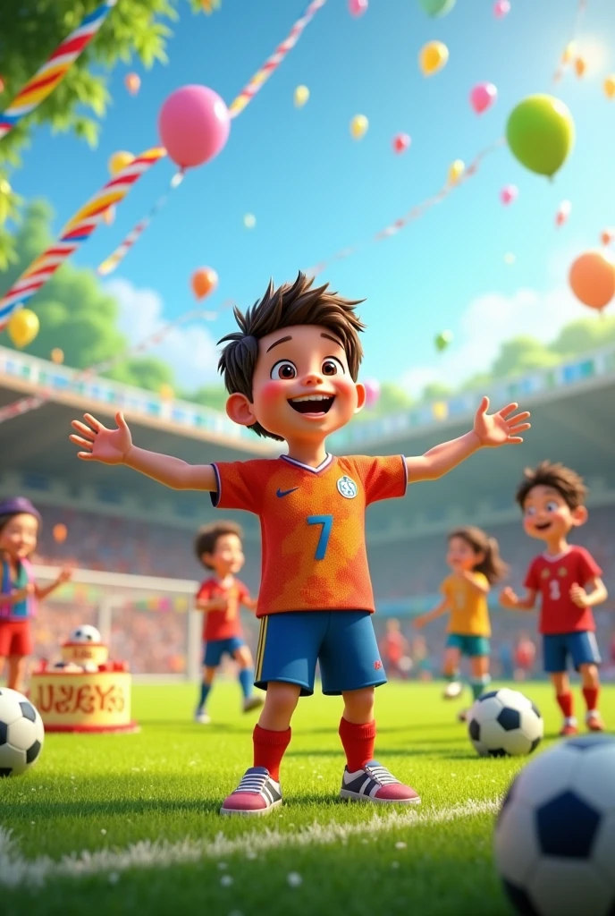 Teenage boy with short curly hair posing on a poster of a major football club with a football under his foot.