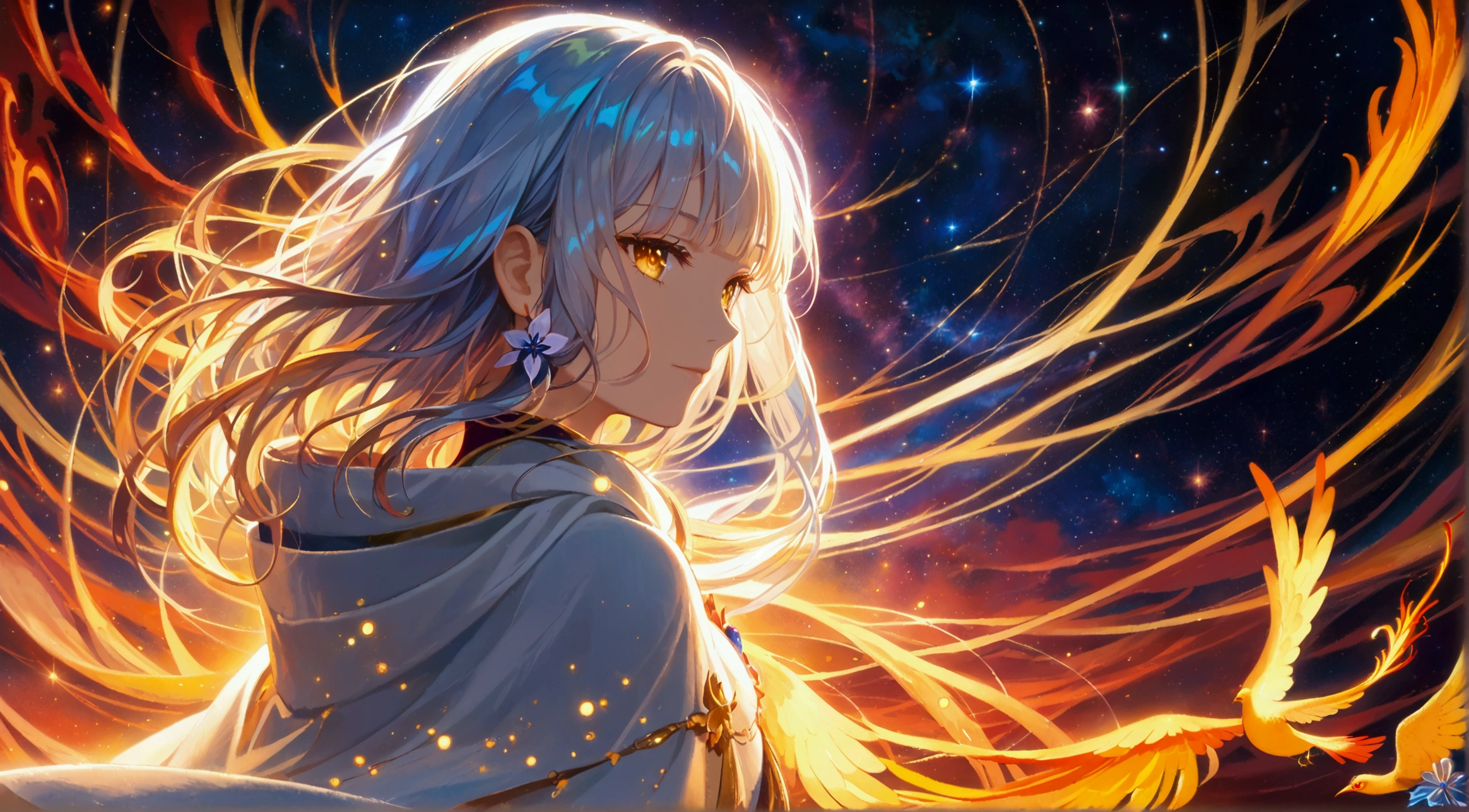 (masterpiece,  best quality,  best quality,  Official Art,   Beautiful and Aesthetic:1.2), ( 1 girl), Extremely detailed eyes, ( fractal art:1.3),  colorful , HIGHEST DEFINITION , ( perfect face), shiny skin,  high definition , ( white cloak golden line :1.2), galaxy, (Streaks of light),  impressive visual , ( dynamic stripes , Shining Trail:1.2),  bright color , ( Phoenix),