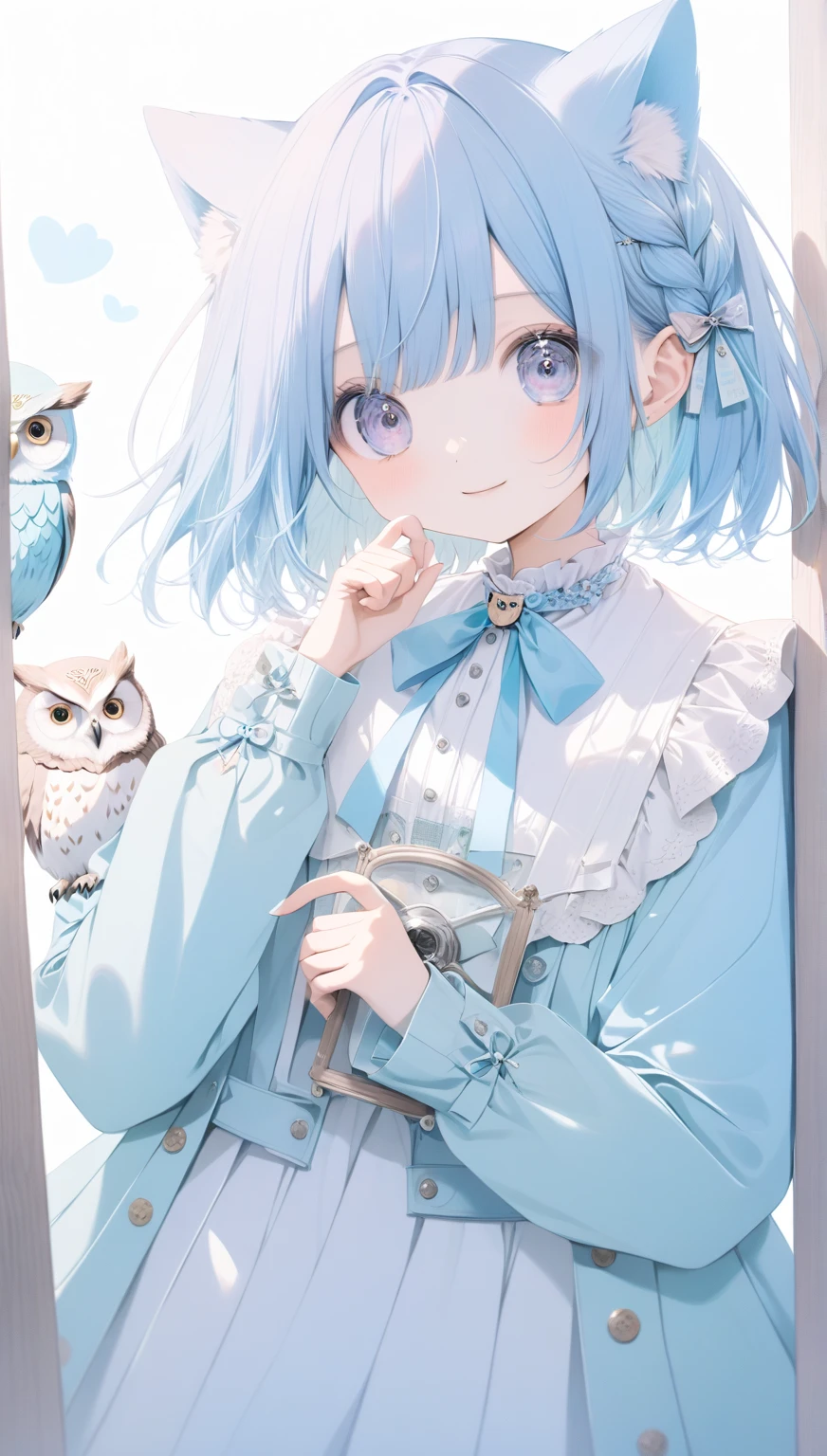  owl under guard， pastel colors , smile,  1 girl, pastel blue color hair ,