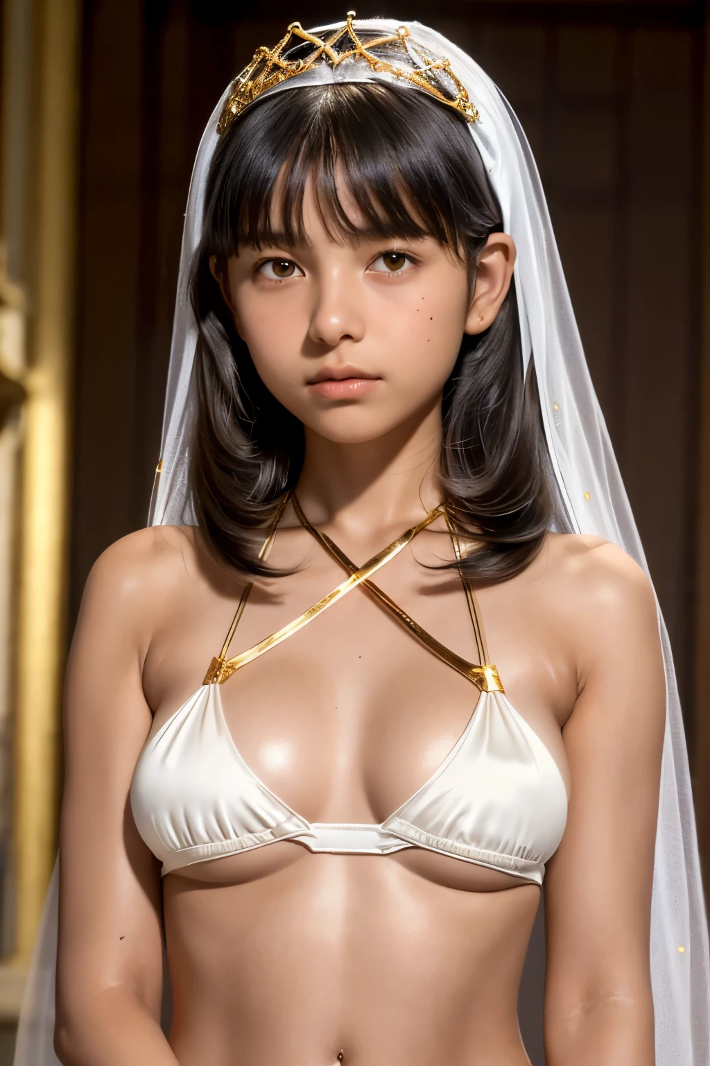 best quality, masterpiece, young french girl, (**yo:1.4), ((tanned skin)), (silhouette lighting:1.1), (upper body:1.5), pigtail hair with bangs, medium breast, hourglass figure, oily skin, (white silk micro bikini with gold accents:1.2), (underboobs:1.4), ((tiara, face veil), hands down, at church