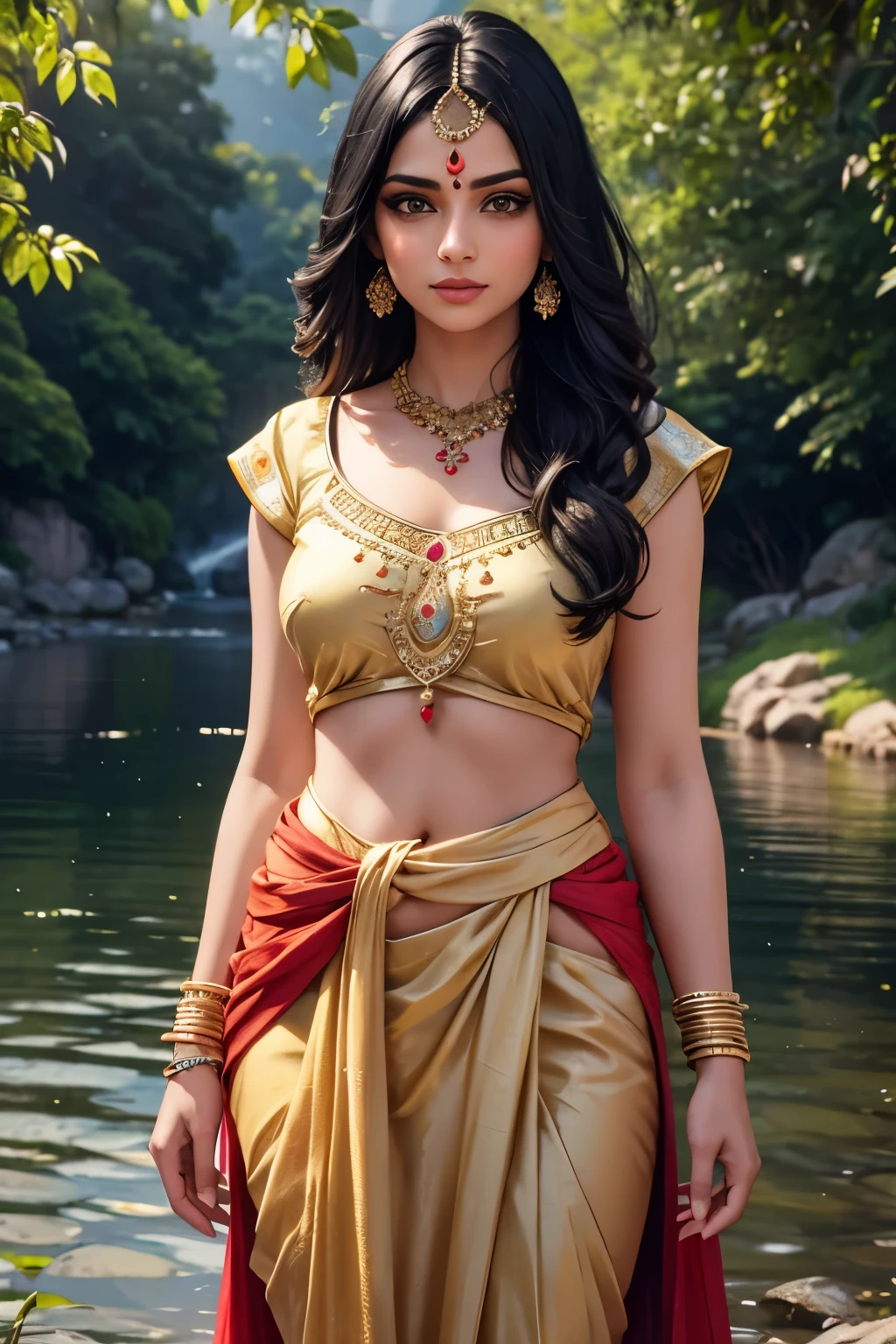 realistic indian girl with black hair by a riverside, detailed facial features, flawless skin, bindi mark, big and expressive eyes, beautiful detailed lips, extremely detailed face, long eyelashes, intricate jewelry, elegant traditional indian dress, cinematic lighting, lush greenery, tranquil river, golden hour lighting, photorealistic, 8k, high quality, masterpiece, vibrant colors, dramatic composition, full body