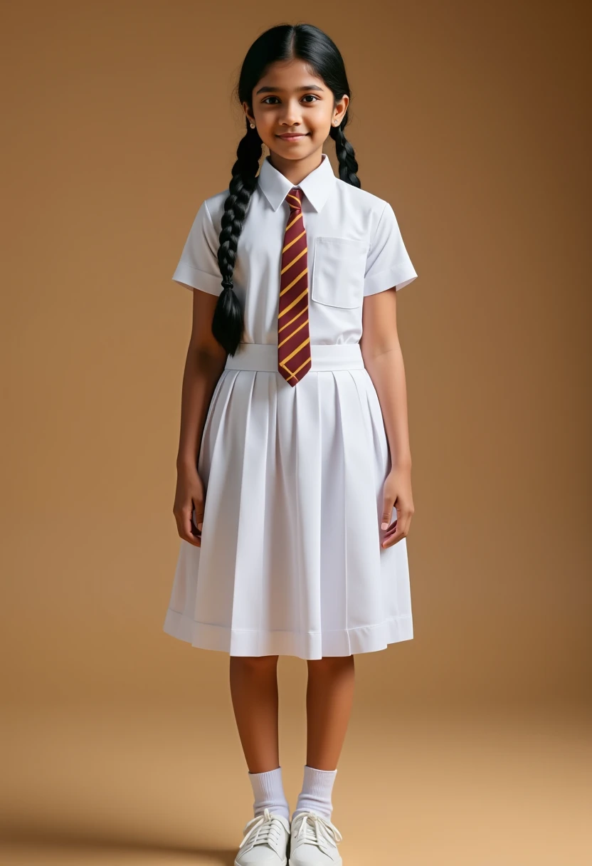 a beautiful cute young sri lanka teen girl,  detailed white frock uniform with pockets, putting hands in side pockets of the frock, color tie  , white shoes and socks , full body , wide photo ,cinematic lighting, hyperrealistic, photorealistic, 8k, masterpiece, warm colors, natural lighting , high quality, intricate details