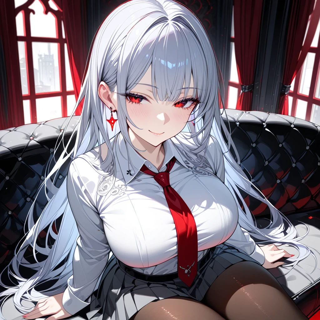 Beautiful caucasian woman, (black_shirt, red tie), solo, (mature woman:1.2), (pixiv:1.1), skinny, (red eyes), detailed eyes, black eyeshadow, (silver hair), hair clips, (wavy hair, hair strands, messy hair), collarbone, (beautiful round breasts), sitting on couch, cinematic lighting, intricate details, indoors, portrait, looking at the viewer, professional, HD, 8K, (absurdres:1.2), ultra-detailed, (masterpiece, best quality), vivid colors, bokeh, highly focused, professional photography, close-up face, (detailed face)