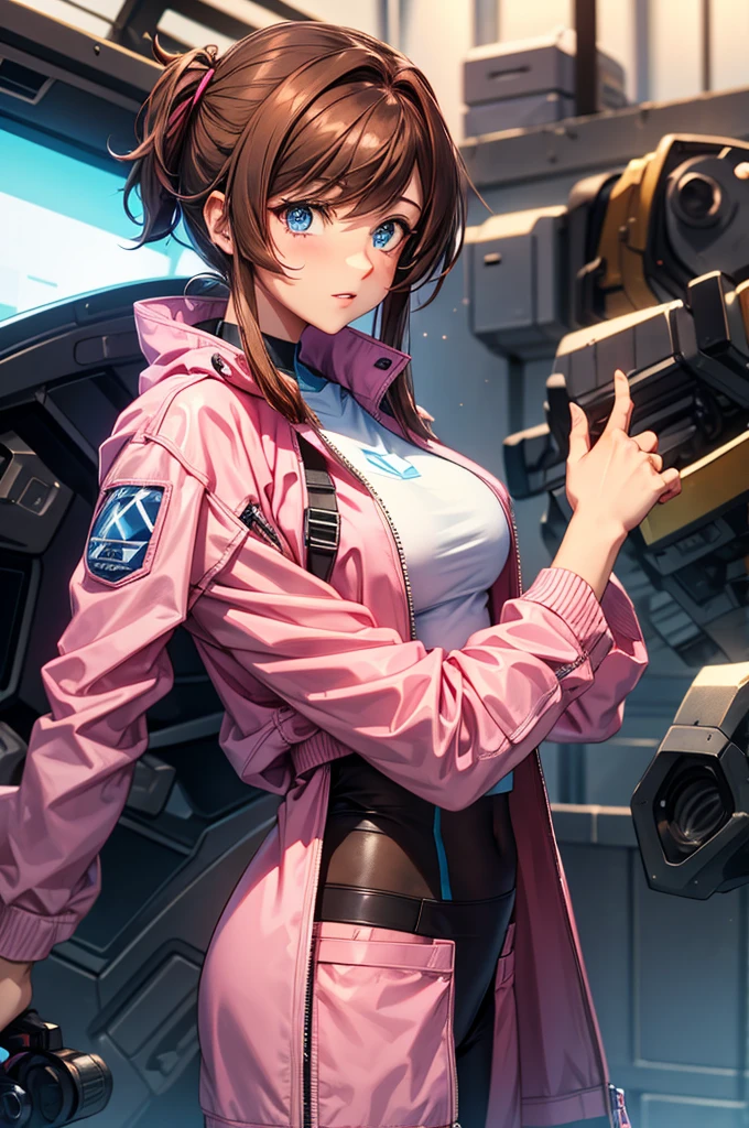 (absurdres, highres, ultra detailed),Masterpiece,intricate details,Best quality,8k,Realistic face,anime girl,Realistic skin texture,magnified textures, stunning clarity, ultra detailed eyes and faces,dark brown hair,layered bob,pink extention,Japanese girl,15 years old,(tanned skin:1.2),(having energy weapons),(spacecraft),cowboy shot,piercing eyes,tight rubber suit,fighting pose,look at viewer,big breasts,