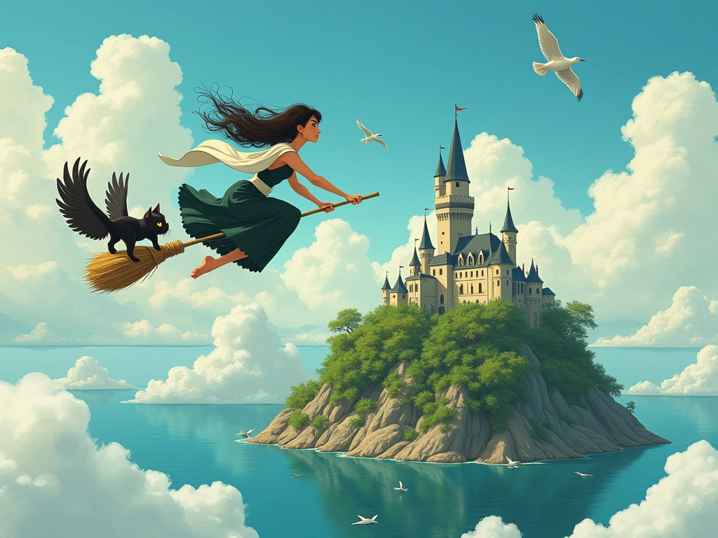 Woman and black cat flying on a broom over a small island with birds、Makoto Shinkai Cyril Rolando,  castle in the sky style , rhadsとlois van baarle, Cyril Rolland and M.W Karuta, Cyril Rolando and Goro Fujita,  Studio Ghibli painting-like style, flying island