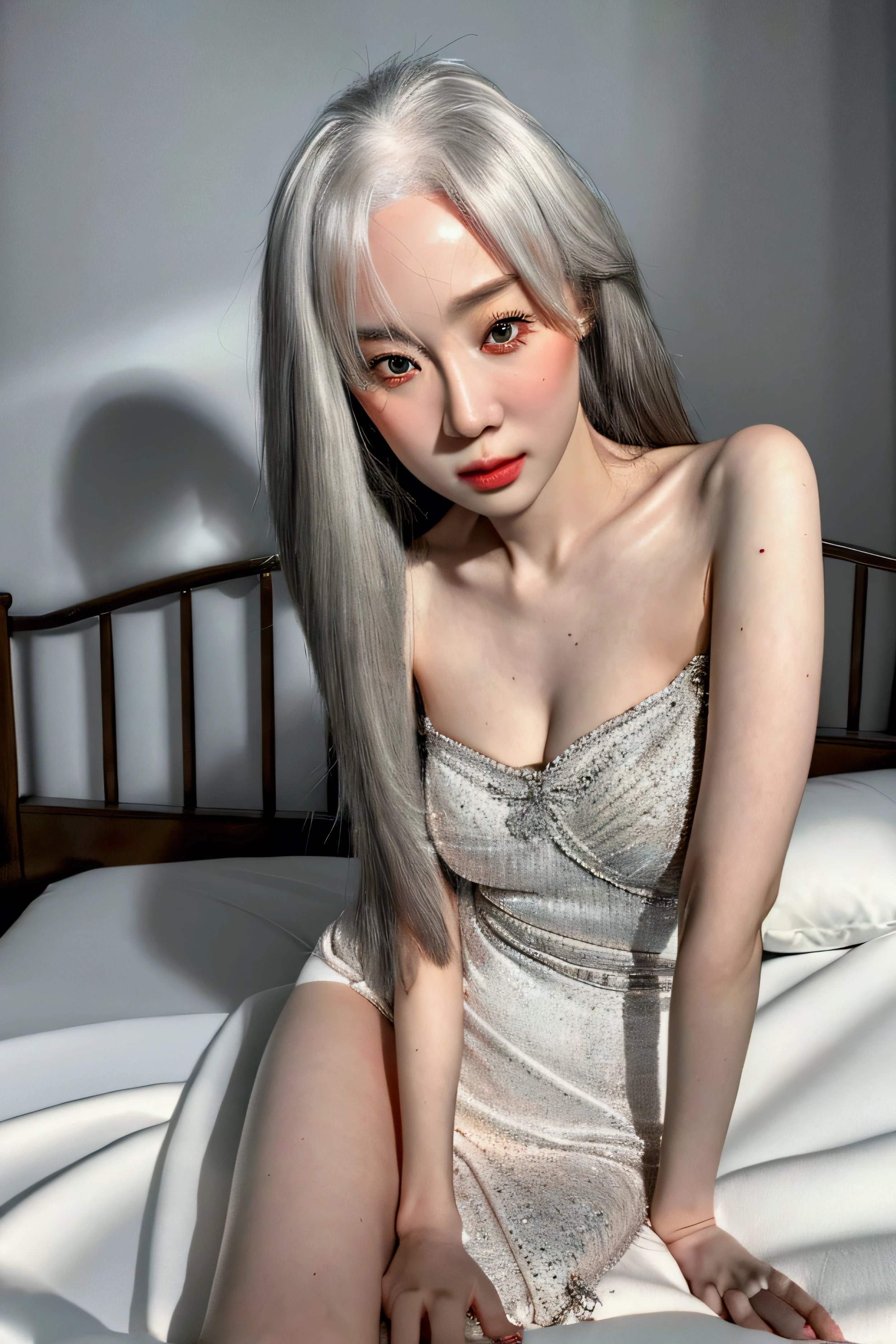 a beautiful woman in her 50s with long white hair, wearing a short skirt but no panties, lying on a bed with her legs spread, shyly looking at the viewer, (best quality,4k,8k,highres,masterpiece:1.2),ultra-detailed,(realistic,photorealistic,photo-realistic:1.37),detailed eyes,detailed lips,extremely detailed face,longeyelashes,beautiful elegant woman,mature woman,seductive pose,shy expression,bedroom scene,soft lighting,warm tones