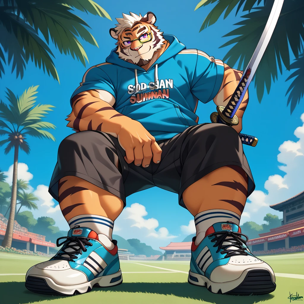 anthro ((tiger)), furry, tiger, golden fur, (white hair:1.5), beard, male, white eyebrows, purple eyes, masterpiece, (no stripes on face:1.5), ((Best quality)), character focus solo, handsome, middle-aged, mature, muscular chubby, full body, (low angle shot), 5 fingers,  solo, (purple eyes), (smile), look at viewer, flower on grassland, summer seaside hills, highly detailed, anime style, cel shading, masterpiece,(best quality), (extreme detailed illustration), good anatomy, (detailed CG), (by canyne khai, by takemoto arashi), (((blue short sleeves hoodie, sport shoes, sword man, katana, shorts cargo, glasses))), splash art, gacha splash art, fire, flames, red blade katana,