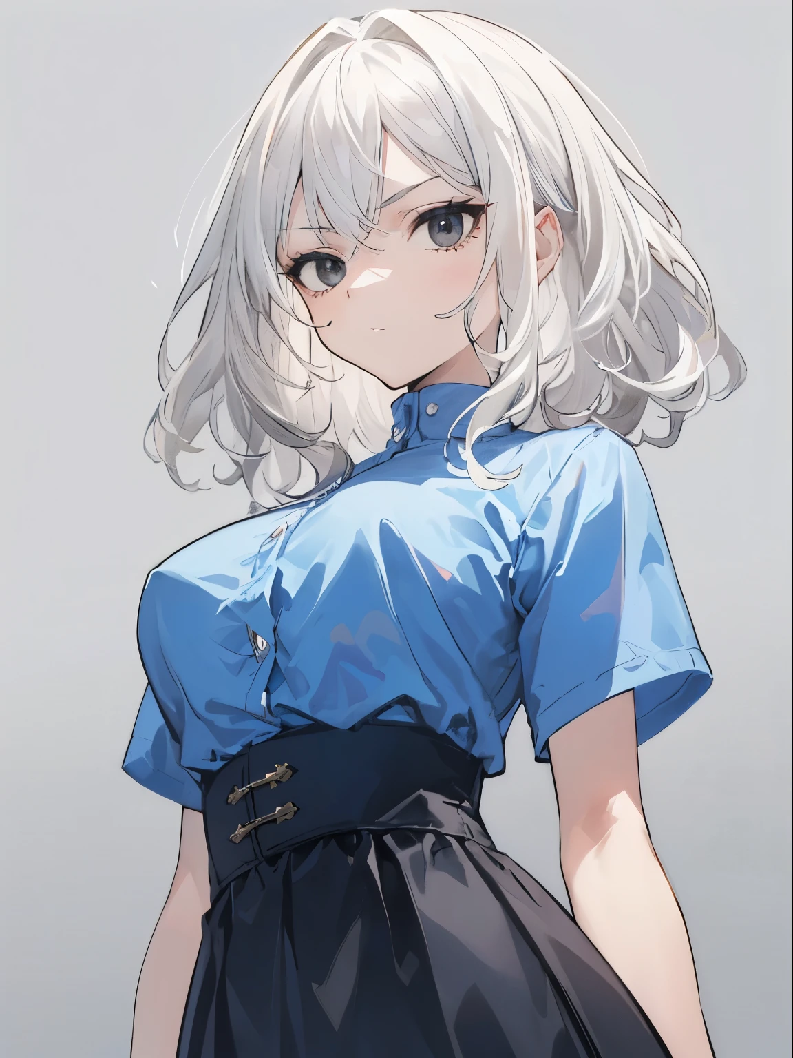 (serious), France, 1 girl, upper body, (facing viewer, looking viewer), standing straight, (black eyes, (sanpaku), (white hair), wavy hair, medium hair, medium breast), ((blue shirt)), ((black high-waist skirt)), (gray background), Sharp Focus, (Best Quality, masterpiece, detailed, facial focus), (solo shot), (hip, waist)