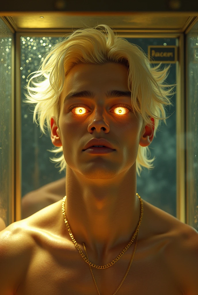 male posing, (((skinny body))), (((16yo porn, atmospheric, cute masculine square face, golden hair, dead inside, bokeh, background blur, bottomless, chainlet, chromatic aberration, wet, veined body, full body view, big dick, cumshot, lying in bed, (((teen stu))), covered in cum, ((glowing yellow eyes)), (((glowing eyes))), dark atmosphere, glowing veins