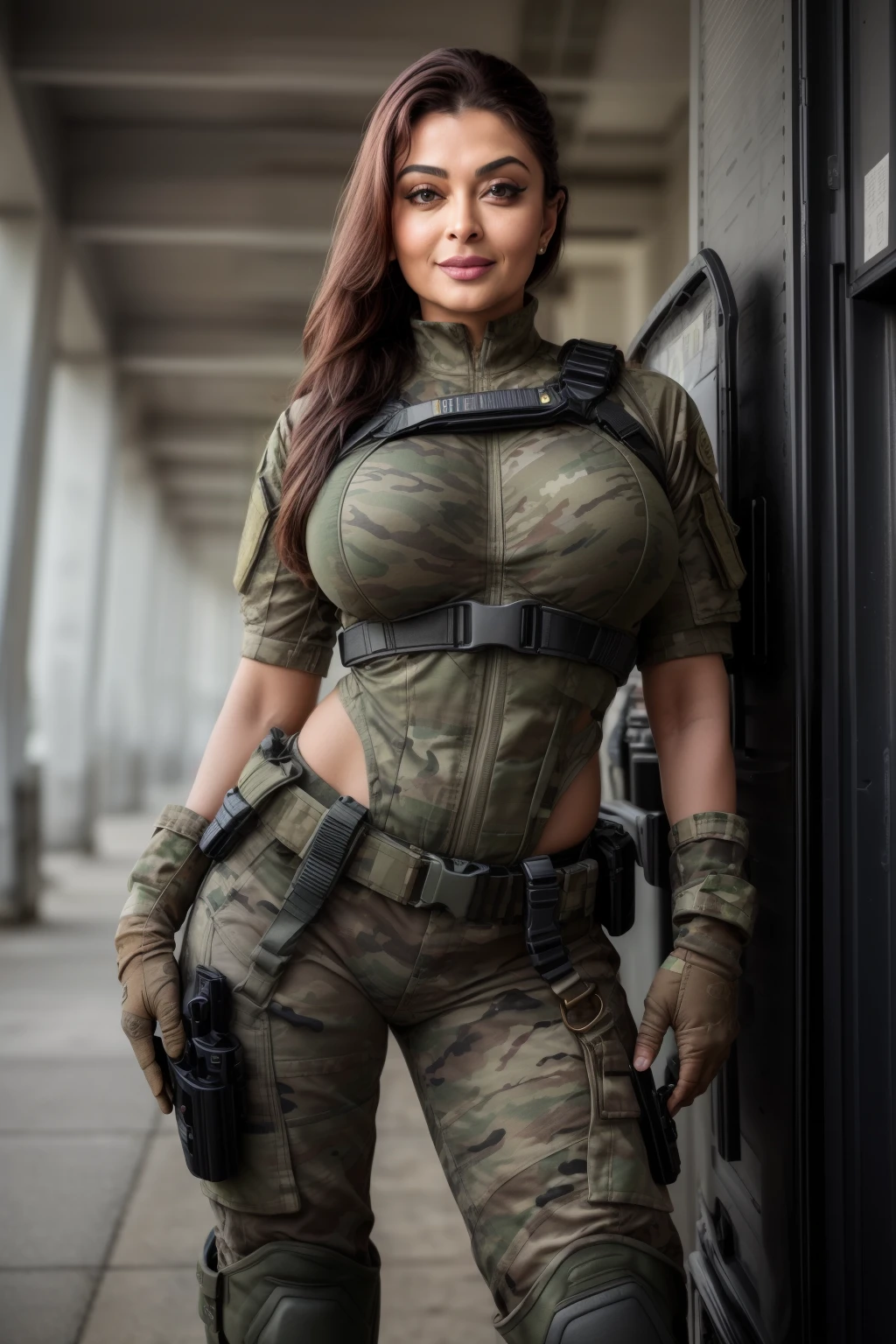 Full body photo of 50YO MILF AISHWARYA RAI as ARMY MILF, WEARING FULL ARMY GEAR, COMBAT BOOTS, COMBAT GLOVES, KNEEPADS, CAMO PLATE CARRIER RIG, intricate details, depth of field, standing next to army helicopter, ((SARDONIC MOCKING SMILE)), PONYTAIL TIED HAIR, day scene, mature hourglass figure, look straight at camera, sexy 50 yo mature MILF, soft volumetric lights, intricate details, (ArtStation:1.2)