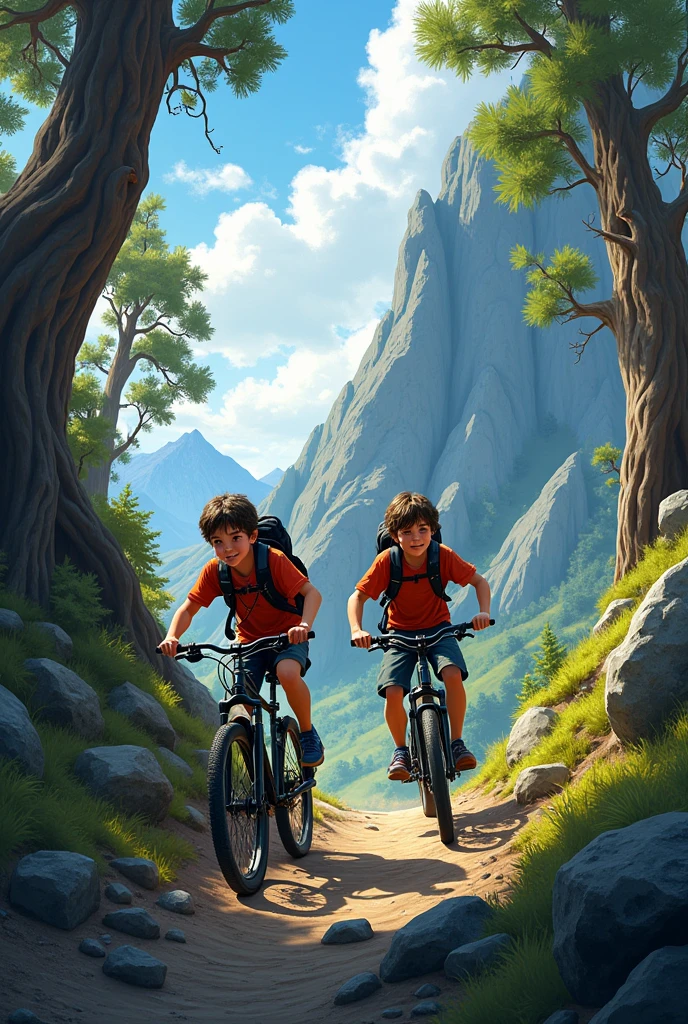 3 boy on a mountain bike, dark hair on trails.