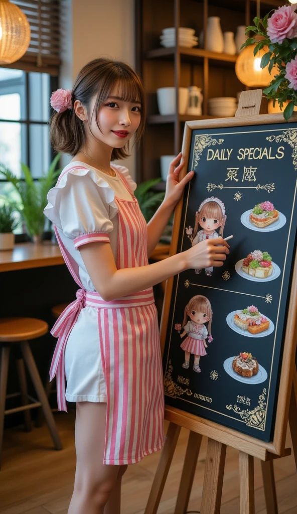 ultra-realistic, photorealistic, dramatic scene, shadow, global-illumination, solo, (20 years old Japanese famous idol girl:1.5), very beautiful fragile Japanese girl, very beautiful with very cute face, (modern maid, detailed face skin texture, cowboy shot:1.2), (wearing a cute pastel colored maid outfits with frills:1.2), (apron with vertical light navy stripes:1.2), happy smile, She draws a realistic large waitress of Chibi-Anime-Girl with gorgeous lunch dishes and beautiful decoration on a blackboard with chalk, a blackboard is placed at the entrance of the trendy café, (the blackboard reads "Daily Specials"), flowers,  plants