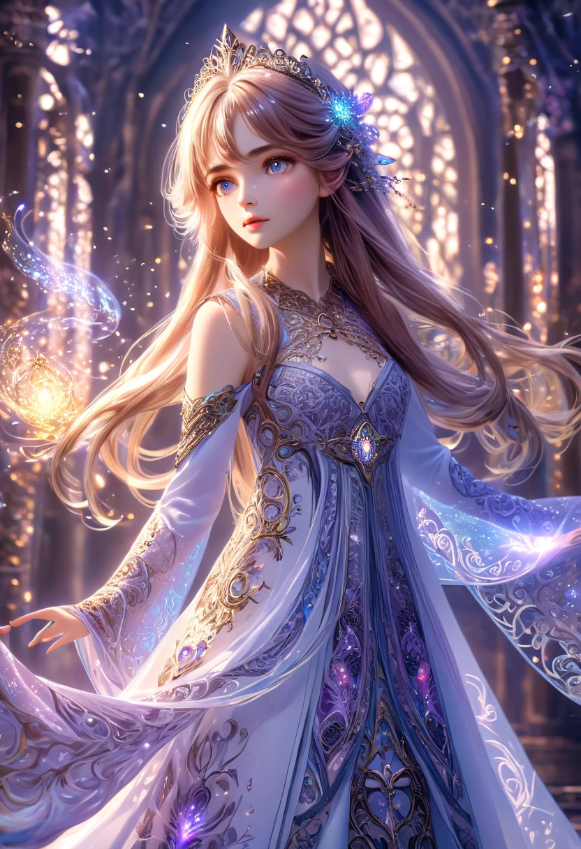 A beautiful girl in a fantasy world, detailed delicate facial features, long flowing hair, intricate ornate clothing, mysterious magical aura, (best quality,4k,8k,highres,masterpiece:1.2),ultra-detailed,(realistic,photorealistic,photo-realistic:1.37), cinematic lighting, vibrant colors, fantasy art, concept art, magical elements