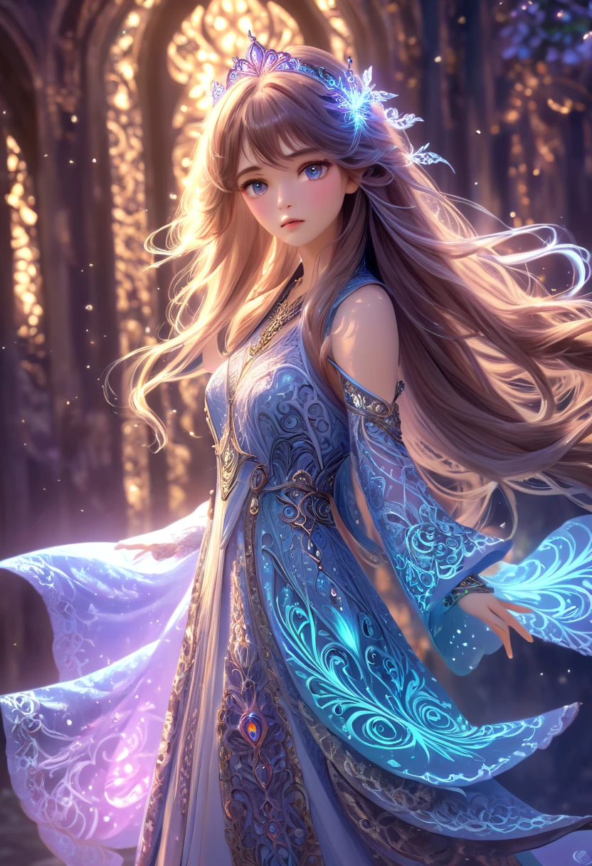 A beautiful girl in a fantasy world, detailed delicate facial features, long flowing hair, intricate ornate clothing, mysterious magical aura, (best quality,4k,8k,highres,masterpiece:1.2),ultra-detailed,(realistic,photorealistic,photo-realistic:1.37), cinematic lighting, vibrant colors, fantasy art, concept art, magical elements