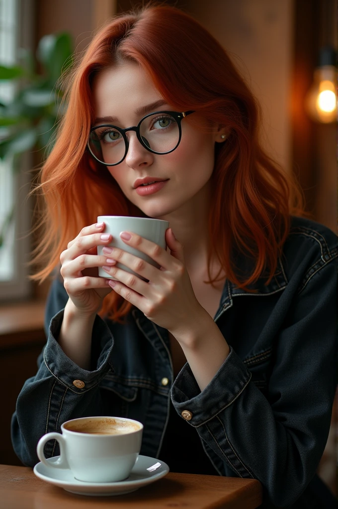 white skin woman over 40s, long hair cruly dark red , cacheado blackw, rounded face, Prominent cheeks, red colored enlarged lips, lightbrown eyes, Wearing prescription glasses, blackw, holding a a cup of coffee, nice boobs
