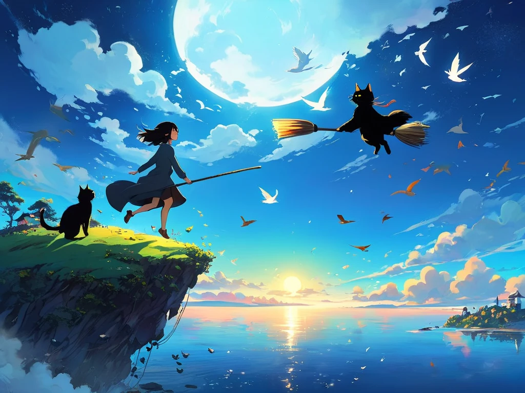 Woman and black cat flying on a broom over a small island with birds、Makoto Shinkai Cyril Rolando,  castle in the sky style , rhadsとlois van baarle, Cyril Rolland and M.W Karuta, Cyril Rolando and Goro Fujita,  Studio Ghibli painting-like style, flying island