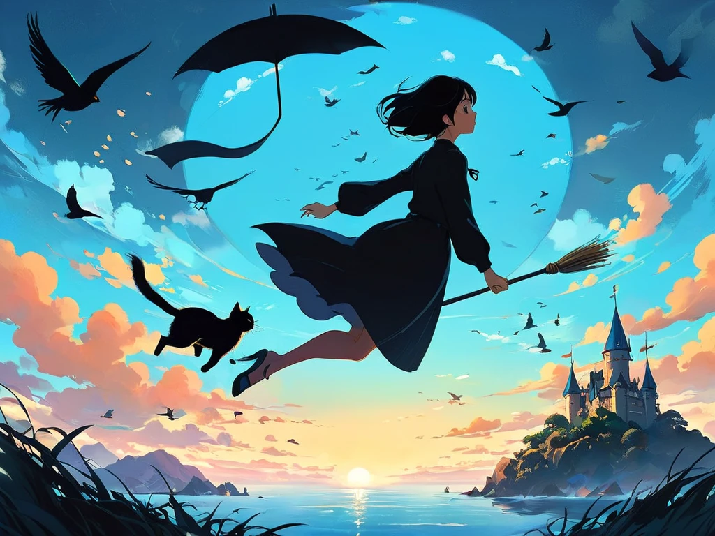 Woman and black cat flying on a broom over a small island with birds、Makoto Shinkai Cyril Rolando,  castle in the sky style , rhadsとlois van baarle, Cyril Rolland and M.W Karuta, Cyril Rolando and Goro Fujita,  Studio Ghibli painting-like style, flying island