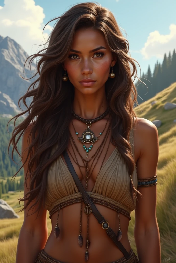 Portrait photo of Marie Avgeropoulas as Pocahontas, Young beautiful Native American woman, Perfect symmetry face, Indigenous Feather Jewelry, Traditional handmade dresses, Armed Female Hunter Warrior, (((Wild west))) environment, Utah Landscape, A hyper-realistic, Concept art, Elegant, ((Convoluted)), ((Highly detailed)), depth of fields, ((professionally color graded)), soft ambient lighting, Dusk, 8K, art by artgerm and greg rutkowski and alphonse mucha