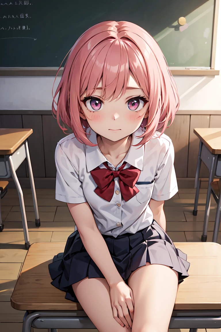 Anime 1 girl with cute face short pink hair wearing school uniform sitting in classroom getting a little tense