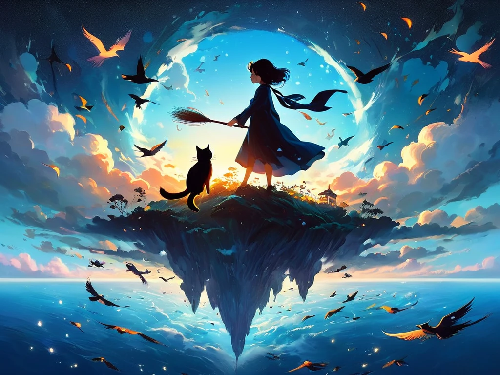 Woman and black cat flying on a broom over a small island with birds、Makoto Shinkai Cyril Rolando,  castle in the sky style , rhadsとlois van baarle, Cyril Rolland and M.W Karuta, Cyril Rolando and Goro Fujita,  Studio Ghibli painting-like style, flying island