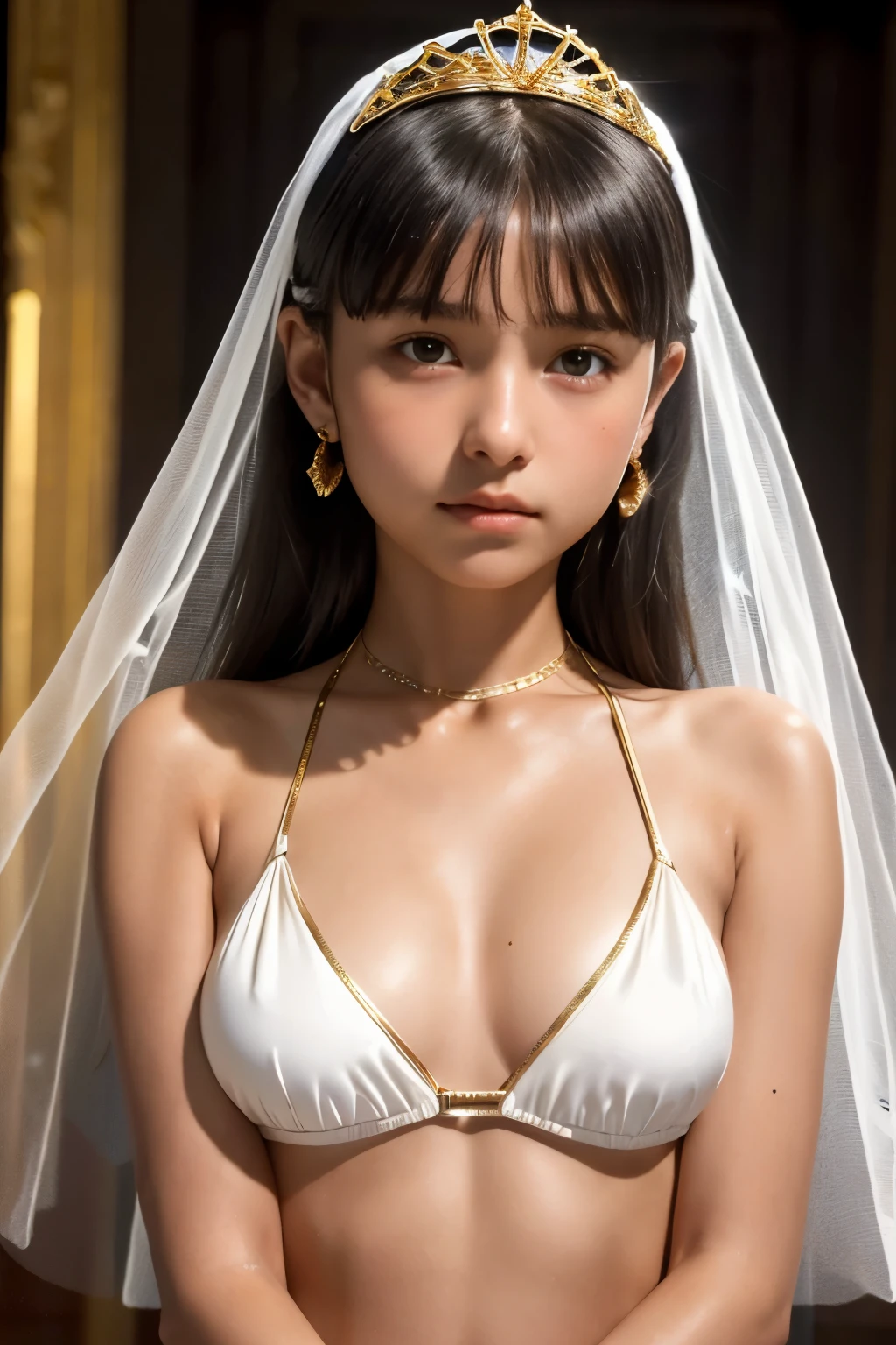 best quality, masterpiece, young french girl, (****:1.4), ((tanned skin)), (silhouette lighting:1.1), (upper body:1.5), pigtail hair with bangs, medium breast, hourglass figure, oily skin, (white silk micro bikini with gold accents:1.2), ((tiara, face veil), hands down, at church